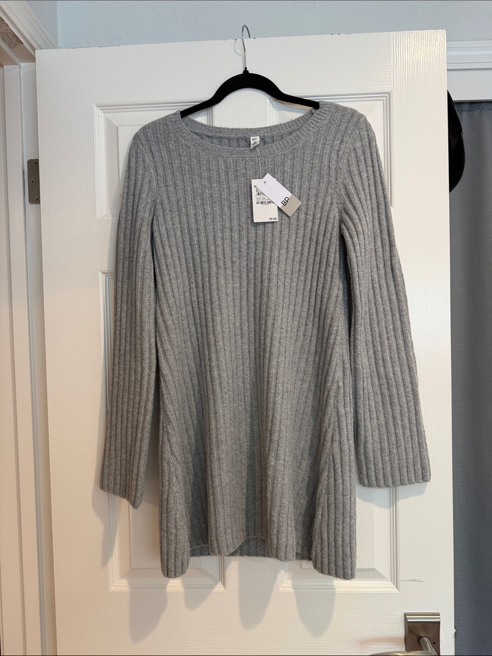 Nordstrom Light Gray Ribbed Long-Sleeve Knit Dress